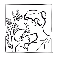 Vector line art mother and kid with flowers