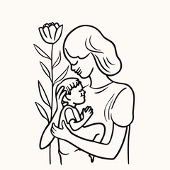 Vector line art mother and kid with flowers