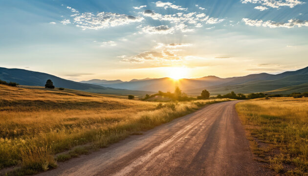 Straight gravel road with a grassy field at sunset or sunrise leading to the mountains.