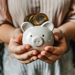 Woman holding a piggy bank with coins, savings finance money currency investment