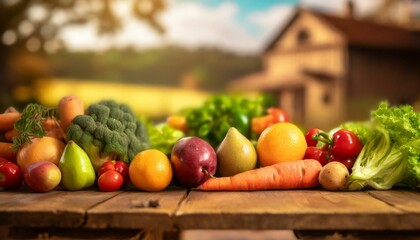 A rustic wooden table with an array of fresh vegetables and fruits, with a soft focus 