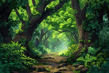 enchanted forest with large trees and lush vegetation fantasy digital painting digital ilustration - obrazy, fototapety, plakaty