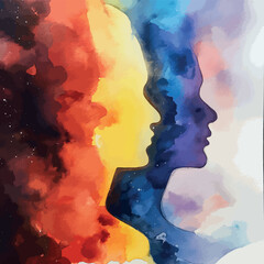Abstract beautiful women face drawn with watercolor