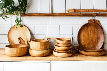 Assortment of wooden plates dishes kitchen utensils on wooden background