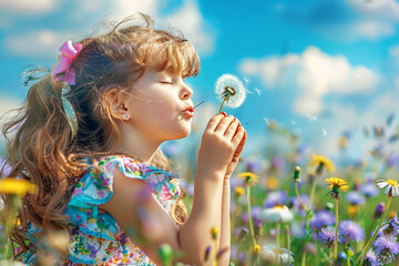 A happy girl in a frilly dress, blowing a dandelion in a field of wildflowers.