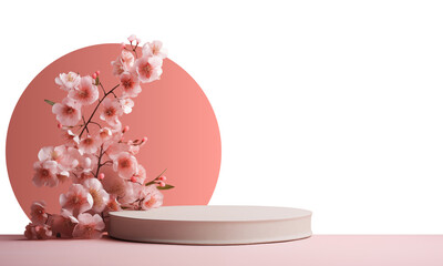 Podium with flowers for demonstrating products. Pink howcase mockup on transparent background