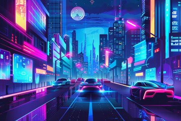 futuristic city street with hovering vehicles and holograms cyberpunk cityscape illustration