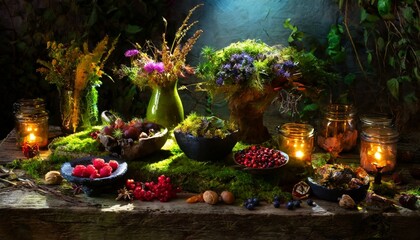 An enchanted garden setting with a moss-covered table, whimsically arranged with wild berries