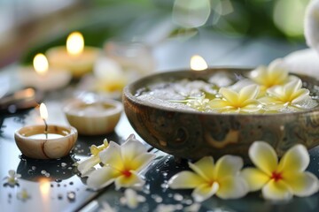 Tranquil spa ambiance with floating blossoms, glowing candles, and a calming environment - 784103727