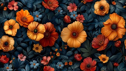 Fototapeta premium a bunch of orange flowers in the center of some dark green leaves