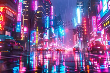 futuristic cyberpunk cityscape with neon signs and holographic advertisements 3d digital art digital ilustration - obrazy, fototapety, plakaty