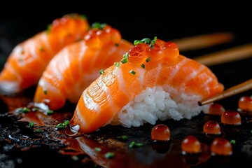 Fresh Salmon Sushi Nigiri with Delicate Garnish - 784103754