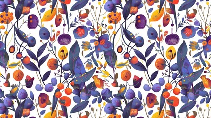 a colorful pattern with leaves, flowers and fruits on white background