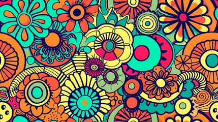 an artistic colorful background with many colored flowers and swirly shapes
