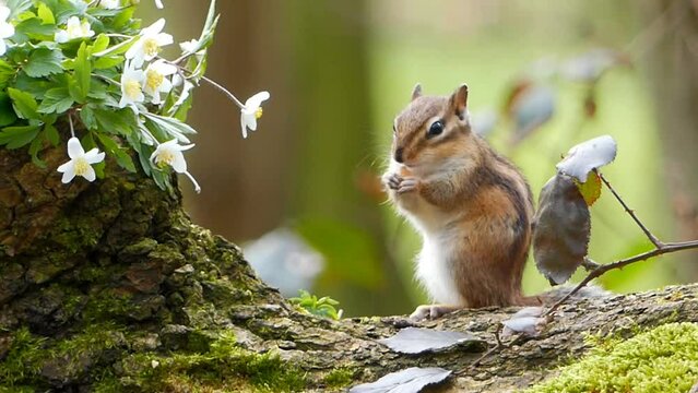 Cute Chipmunk sitting and eating on old trunk covered by moss and flowers against blur background