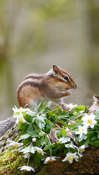 Vertical slow-motion of chipmunk eating nuts on a tree stump covered by moss and flowers