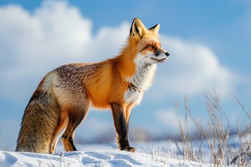 Fototapeta premium a fox standing in the snow looking ahead to its right