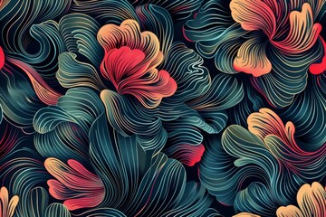 an abstract floral pattern with black, red and orange flowers - obrazy, fototapety, plakaty