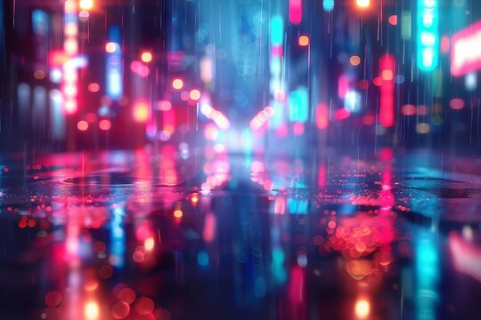 futuristic neon city street lights reflecting on wet asphalt in the rain dark night abstract 3d illustration