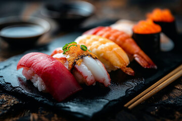 Traditional Japanese Sushi on a Slate Plate - 784104527