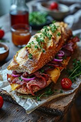 Gourmet Ham and Cheese Sandwich on Rustic Wooden Table