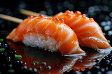 Delicious Sushi Nigiri with Salmon and Roe Close-Up