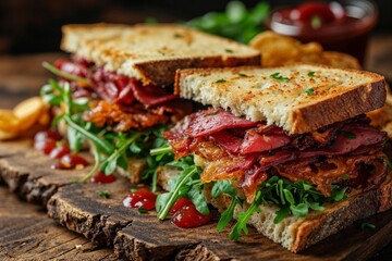 Delicious Classic BLT Sandwich on Wooden Board