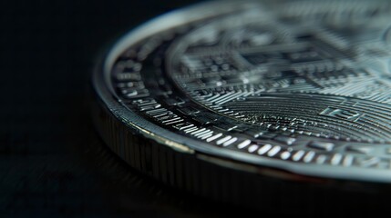 Big silver coin, close-up view on coin, dark light, super details, bokeh on image, silver metal, scratches and imperfections. High details crypto coin