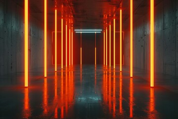 glowing orange neon tubes in dark concrete room futuristic scifi 3d render digital ilustration