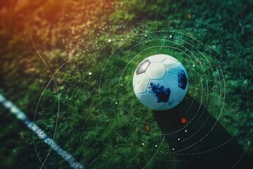 Data analysis overlay on soccer ball and grass background