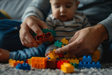 A cute father and baby's hands arranging building blocks, developing motor skills. - Powered by Adobe