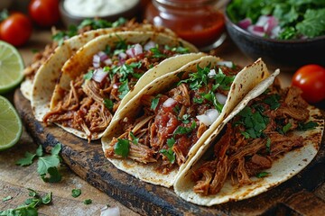 Delicious Mexican Tacos with Savory Fillings on Table