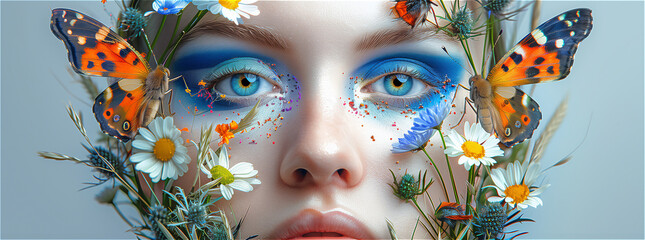 Artistic Makeup with Butterflies and Flowers
