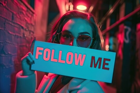 Beautiful instagram infuencer holding a sign with the text "FOLLOW ME", neon color illustration and text