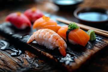 Assorted Sushi Set on Rustic Wooden Board - 784105392