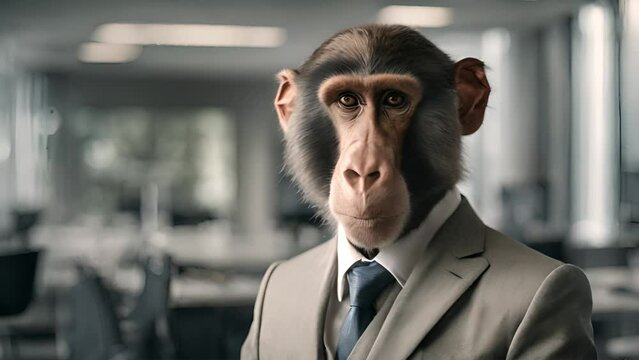 Humanized baboon monkey dressed in a formal business suit. Baboon wearing tie and jacket. Humanized animals concept. 