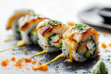 Delicious Sushi Rolls on Elegant Dark Surface - 784105546