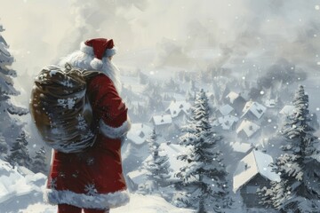 Cozy, festive depiction of santa claus looking at a charming snowy village - 784105758