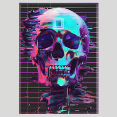 Fragmentation Spectrale : Illustration d'un Crâne Vaporwave Synthwave Glitché