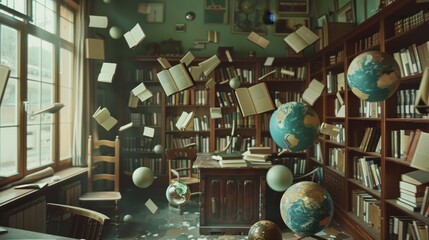 A classroom filled with floating books and globes AI generated illustration - obrazy, fototapety, plakaty