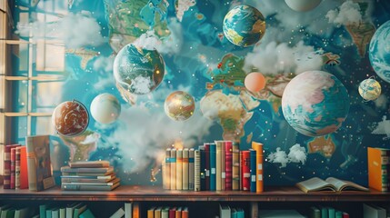 A classroom scene with floating globes and textbooks in a whimsical setting AI generated illustration - obrazy, fototapety, plakaty