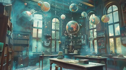 A classroom scene with floating globes and textbooks in a whimsical setting  AI generated illustration - obrazy, fototapety, plakaty