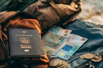European passport and euro currency in backpack, representing readiness for travel - 784106368