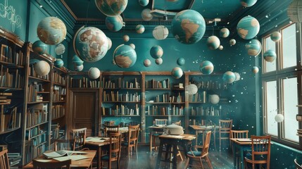 A classroom filled with floating books and globes AI generated illustration - obrazy, fototapety, plakaty