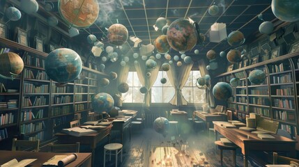 A classroom filled with floating books and globes  AI generated illustration - obrazy, fototapety, plakaty
