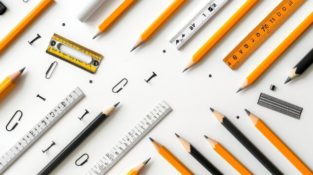 A collection of isolated floating pencils and rulers AI generated illustration