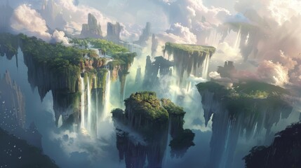 A dreamy landscape with floating islands and ethereal waterfalls AI generated illustration