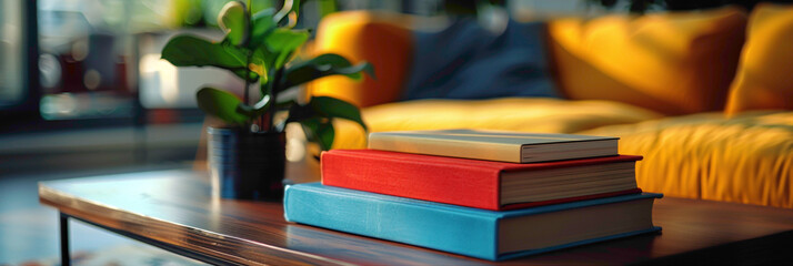 Macro shot of a stack of colorful books on a coffee table, hyperrealistic photography of modern interior design - obrazy, fototapety, plakaty