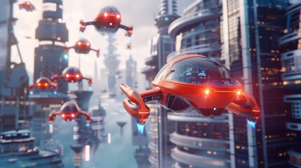 A futuristic take on a startup scene with D-rendered flying objects AI generated illustration