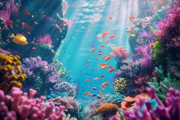 Fototapeta na wymiar magical underwater scene with coral reefs and tropical fish vibrant ocean life illustration